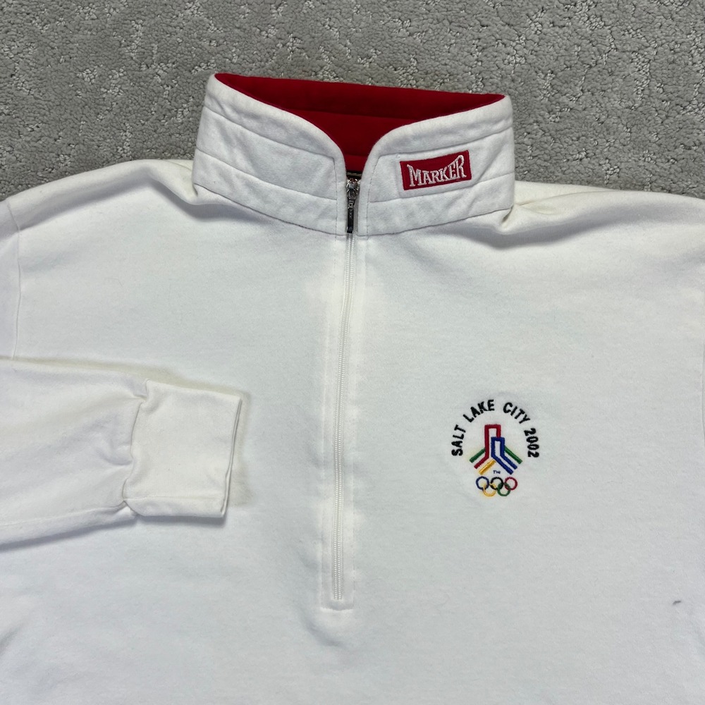 VINTAGE Marker 2002 Olympics Quarter Zip Pullover Small White Red Salt Lake City